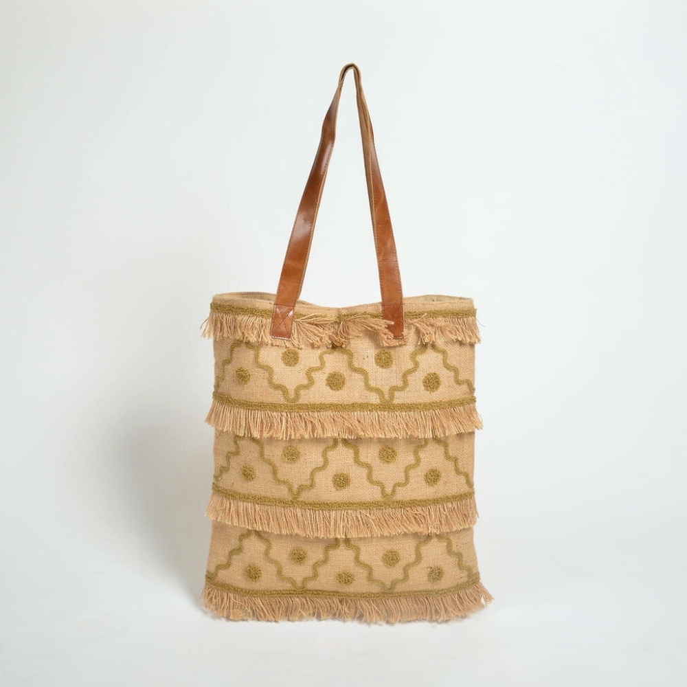 Handmade Portico patterned frayed jute tote bag